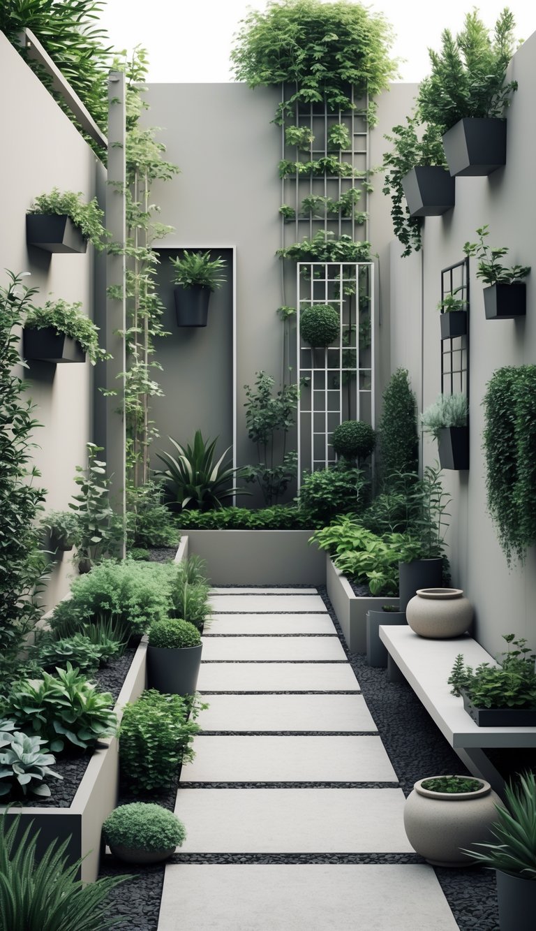 A collection of narrow garden designs featuring vertical planters, raised beds, pathways, and greenery arranged in a unified color scheme.